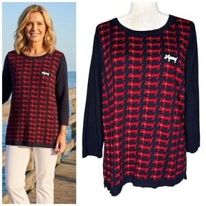 Talbots Dog Print Sweater XL Play On One Black Sheep Retro Red White Blue